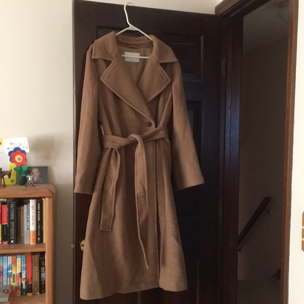 Camel coat with tie by Babaton in size large.